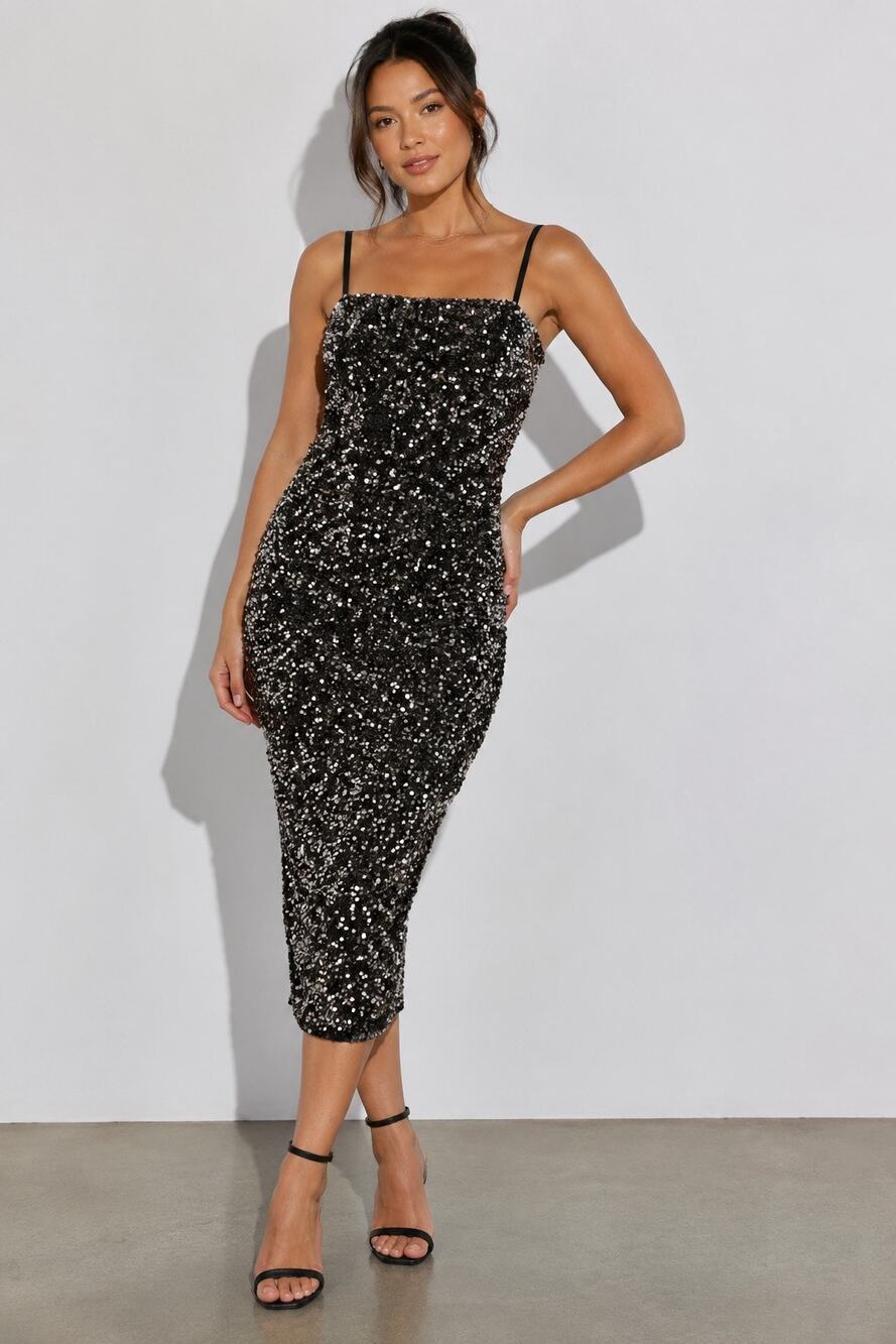 Rebdolls Womens Soraya Sequin Midi Bodycon Dress M Black Cocktail Party Holiday
